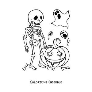 Image à colorier d’un squelette avec des fantômes et une citrouille d’Halloween