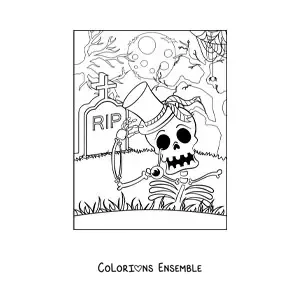 Image à colorier d’un squelette effrayant dans sa tombe la nuit d’Halloween