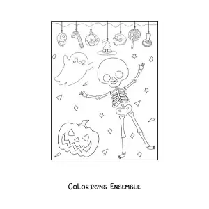Image à colorier d’un squelette en dessin animé avec un fantôme à une fête d’Halloween