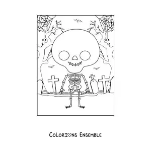 Image à colorier d’un squelette humain en dessin animé la nuit d’Halloween