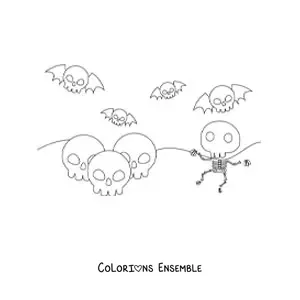 Image à colorier d’un squelette et de crânes d’Halloween