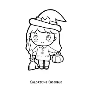 Image à colorier d’une fille kawaii déguisée en petite sorcière