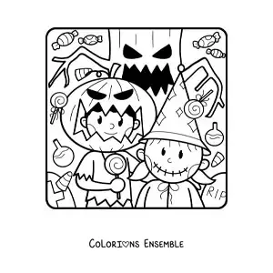 Image à colorier d’enfants déguisés en monstres à Halloween
