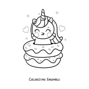 Image à colorier d'une licorne kawaii à l'intérieur de deux donuts géants