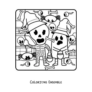 Image à colorier d’enfants déguisés en fantôme et en squelette à Halloween