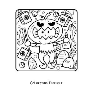 Image à colorier d’un enfant déguisé avec un masque de citrouille à Halloween
