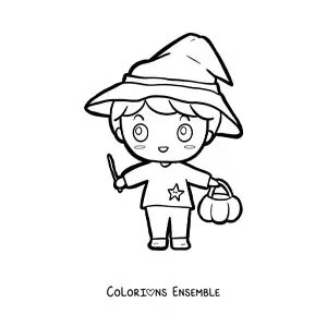 Image à colorier d’un garçon en costume de sorcier à Halloween