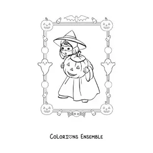 Image à colorier d’une fille en costume de sorcière avec une citrouille d’Halloween