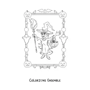 Image à colorier d’une fille déguisée en sorcière demandant des bonbons à Halloween