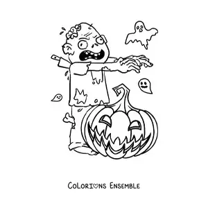 Image à colorier d’un zombie avec une citrouille d’Halloween