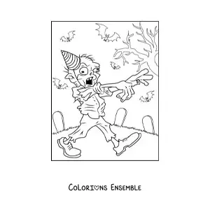 Image à colorier d’un zombie rigolo qui marche avec un chapeau de fête