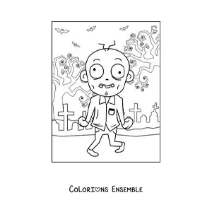 Image à colorier d’un zombie rigolo qui danse dans un cimetière à Halloween