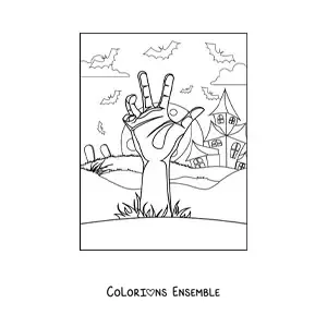 Image à colorier d’une main de zombie qui sort de sa tombe à Halloween