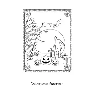 Image à colorier d’une silhouette de zombie qui marche dans un cimetière à Halloween