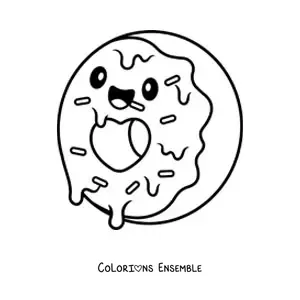 Image à colorier d'un donut animé kawaii avec un cœur au centre