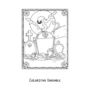 Image à colorier d’une main de zombie qui sort de sa tombe avec des fantômes