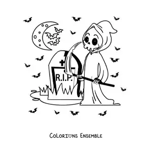 Image à colorier d’une tombe avec la mort rigolote