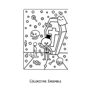 Image à colorier d’une tombe avec un squelette kawaii d’Halloween