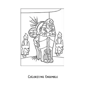 Image à colorier d’une momie qui sort de sa tombe à Halloween
