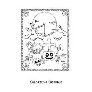 Image à colorier de tombes avec un crâne la nuit d’Halloween