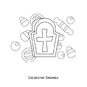 Image à colorier d’une tombe avec des bonbons d’Halloween