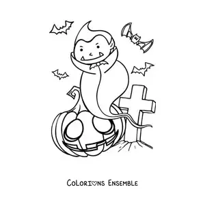 Image à colorier d’un vampire rigolo avec une citrouille d’Halloween