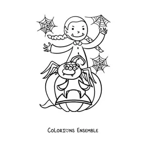 Image à colorier d’une fille vampire avec une araignée et une citrouille d’Halloween