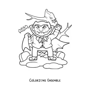 Image à colorier d’un vampire rigolo à Halloween avec des chauves-souris