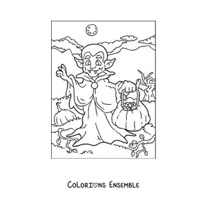 Image à colorier d’un dessin de vampire avec une citrouille d’Halloween
