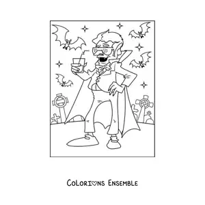 Image à colorier d’un vampire rigolo avec des chauves-souris et des lunettes de soleil dans un cimetière