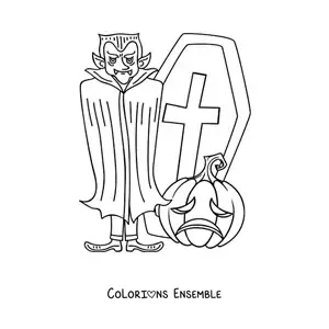 Image à colorier du comte Dracula avec une tombe et une citrouille d’Halloween