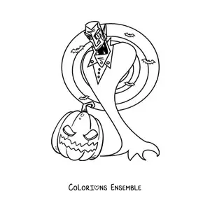 Image à colorier du comte Dracula avec des chauves-souris et une citrouille d’Halloween