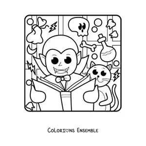 Image à colorier d’un vampire kawaii pour Halloween avec un livre et un chat