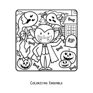 Image à colorier d’un vampire kawaii pour Halloween avec des fantômes et des citrouilles