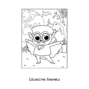 Image à colorier d’un vampire kawaii dans un cimetière la nuit d’Halloween