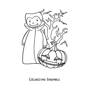 Image à colorier d’un vampire avec une citrouille d’Halloween