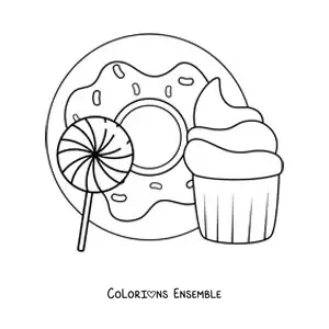 Image à colorier d'un donut à côté d'un cupcake et d'une glace à l'eau