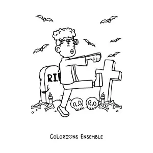 Image à colorier de Frankenstein rigolo qui marche dans un cimetière à Halloween