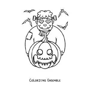 Image à colorier d’un grand Frankenstein rigolo avec une citrouille d’Halloween