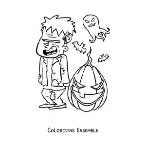 Image à colorier d’un grand Frankenstein rigolo avec des fantômes et une citrouille d’Halloween