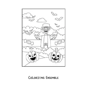 Image à colorier d’un Frankenstein rigolo et kawaii avec des chauves-souris et une citrouille d’Halloween