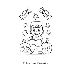 Image à colorier d’un Frankenstein kawaii avec des citrouilles et des bonbons d’Halloween