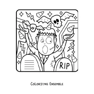 Image à colorier de Frankenstein rigolo avec un crâne et des bonbons d’Halloween