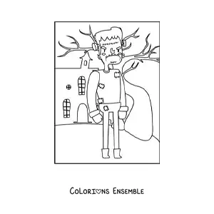 Image à colorier de Frankenstein devant une maison hantée