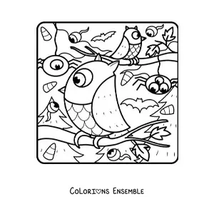 Image à colorier d’un hibou avec des araignées d’horreur