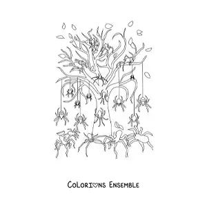 Image à colorier d’un arbre avec des araignées d’horreur