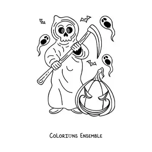 Image à colorier de la mort avec une citrouille d’Halloween effrayante