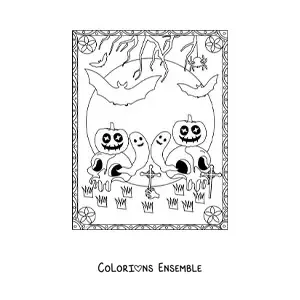 Image à colorier de citrouilles d’Halloween effrayantes avec des crânes et des fantômes
