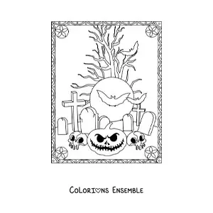 Image à colorier d’une citrouille d’Halloween effrayante avec des tombes et des chauves-souris