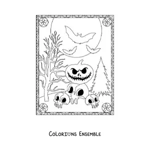 Image à colorier de citrouilles d’Halloween effrayantes avec des crânes et des chauves-souris